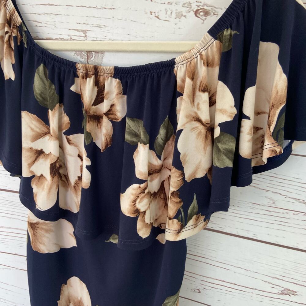 My Bump S/M Maternity Blue Floral Off Shoulder Overlay Ruffle Ruched Mini Dress - Picture 3 of 6